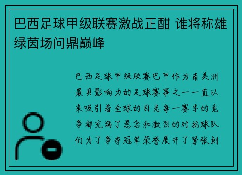 巴西足球甲级联赛激战正酣 谁将称雄绿茵场问鼎巅峰 巴西足球甲级联赛激战正酣 谁将称雄绿茵场问鼎巅峰