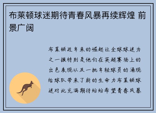 布莱顿球迷期待青春风暴再续辉煌 前景广阔 布莱顿球迷期待青春风暴再续辉煌 前景广阔